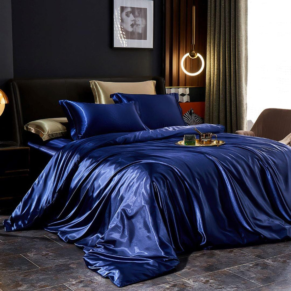 Conjunto de Cama em Seda de Amoreira – Luxo e Conforto-Casal (180x220cm)-Azul Paris-Harmonia do lar