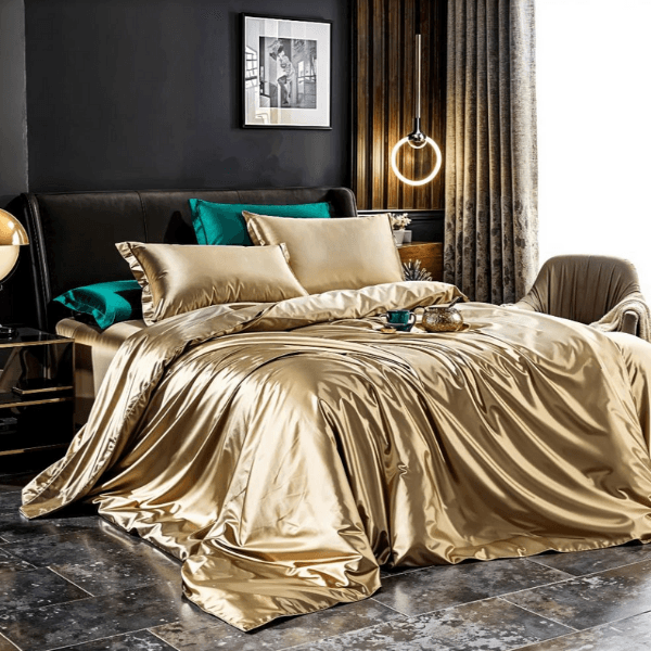 Conjunto de Cama em Seda de Amoreira – Luxo e Conforto-Casal (180x220cm)-Champagne-Harmonia do lar