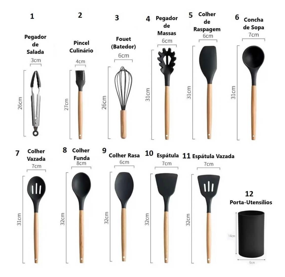 Kit Utensílios de Cozinha Silicone com Cabo de Madeira - 12 Peças - Harmonia do lar