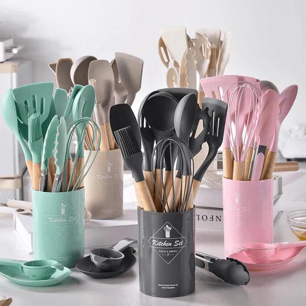 Kit Utensílios de Cozinha Silicone com Cabo de Madeira - 12 Peças - Harmonia do lar