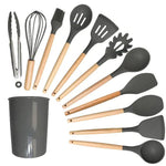 Kit Utensílios de Cozinha Silicone com Cabo de Madeira - 12 Peças - Harmonia do lar