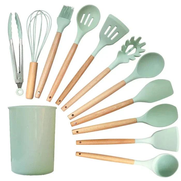 Kit Utensílios de Cozinha Silicone com Cabo de Madeira - 12 Peças - Harmonia do lar