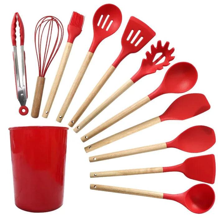 Kit Utensílios de Cozinha Silicone com Cabo de Madeira - 12 Peças - Harmonia do lar